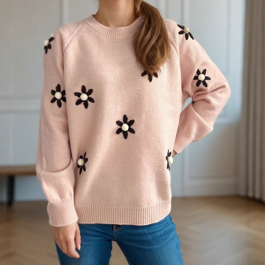 Damen Strickpullover mit floralen Applikationen und lässigem Schnitt Drune
