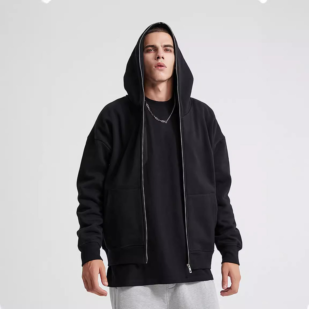 Unisex nan Kapuzenjacke mit durchgehendem Reißverschluss, doppellagiger Kapuze und Kängurutaschen Drune