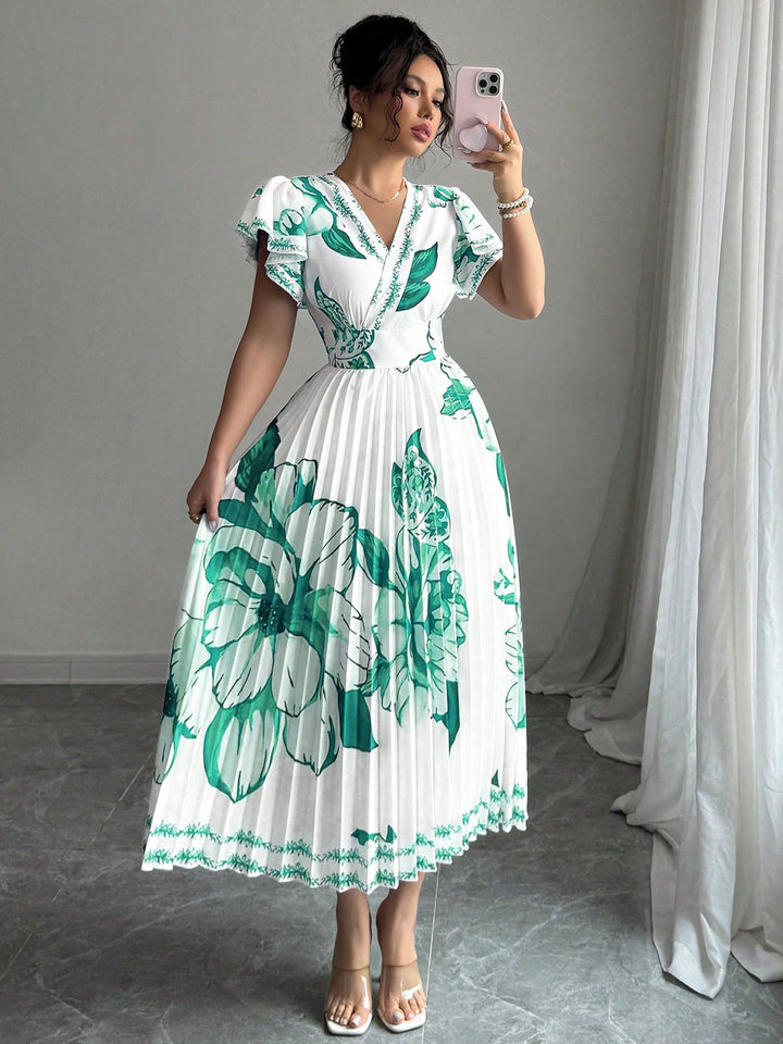 Damen Plissiertes Maxi-Jersey-Kleid mit floralen Akzenten und V-Ausschnitt Drune