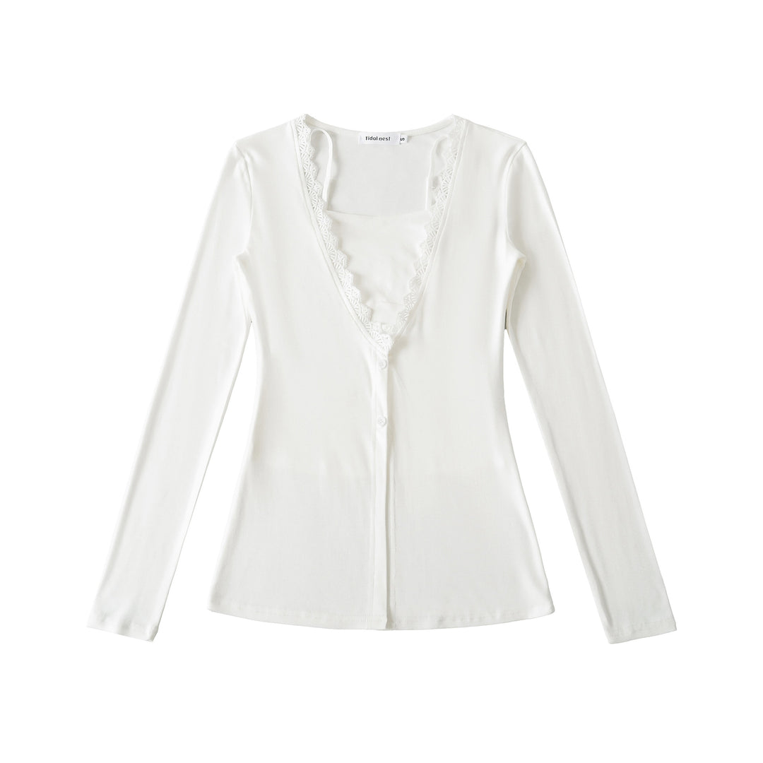 Damen Langarmoberteil mit elegantem Spitzenkragen Drune