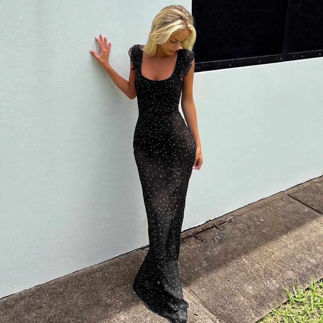 Damen Maxi-Kleid mit zarten Spaghettiträgern und Polka-Dot-Muster Drune