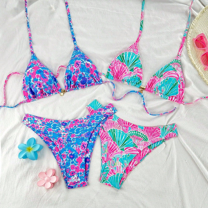 Damen Triangel-Bikini-Set mit floralen Mustern und stylischen Riemchen Drune