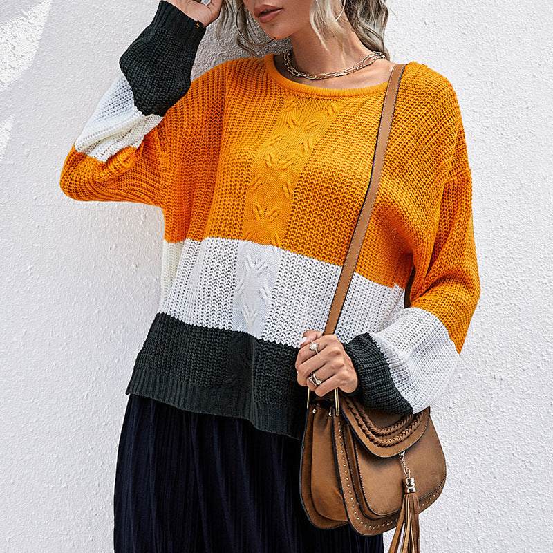 Damen lässiger Strickpullover mit modischen Blockstreifen und weitem Schnitt Drune