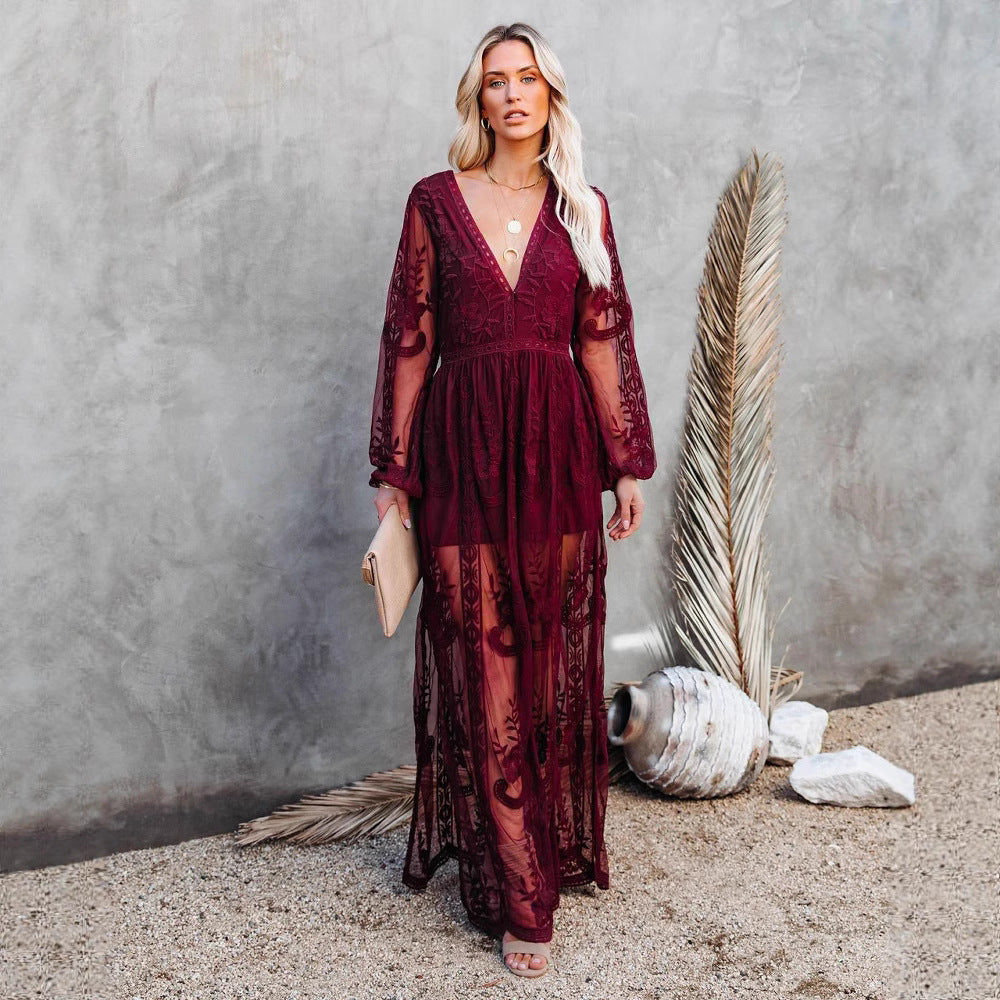 Damen Elegantes Spitzen-Maxikleid mit tiefem V-Ausschnitt und langen Ärmeln Drune
