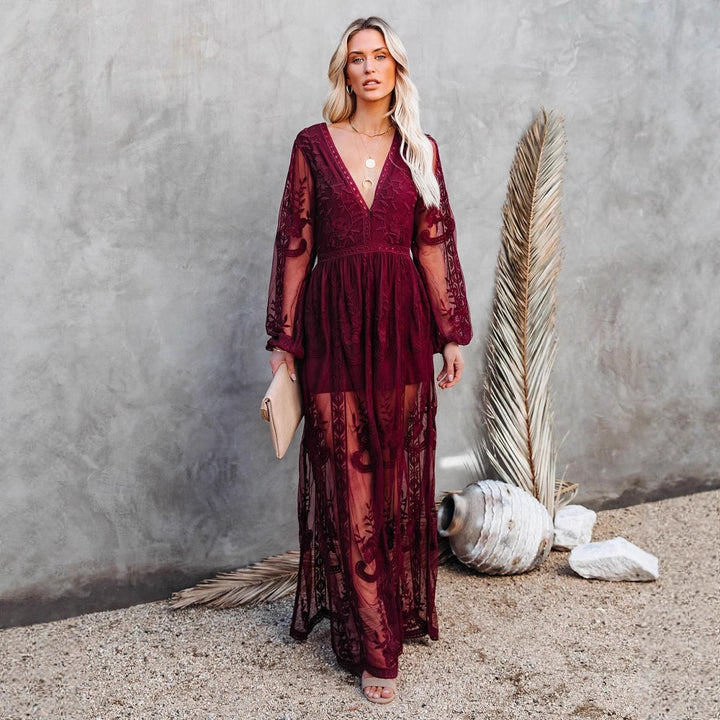 Damen Elegantes Spitzen-Maxikleid mit tiefem V-Ausschnitt und langen Ärmeln Drune