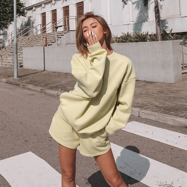 Damen Lässiges Fleece-Sweatshirt und Shorts Set Drune