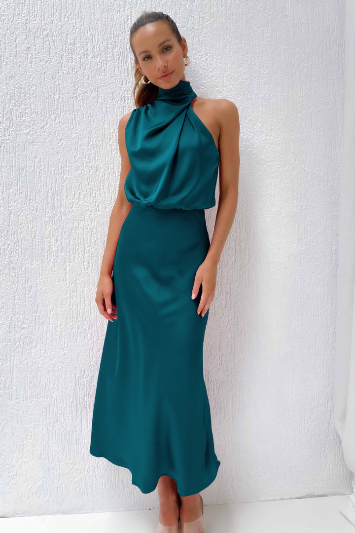 Drune | Brautjungfernkleid Satin Rollkragen Ohne Ärmel Cropped Langer Rock Damen Elegant Trauzeugin Kleid