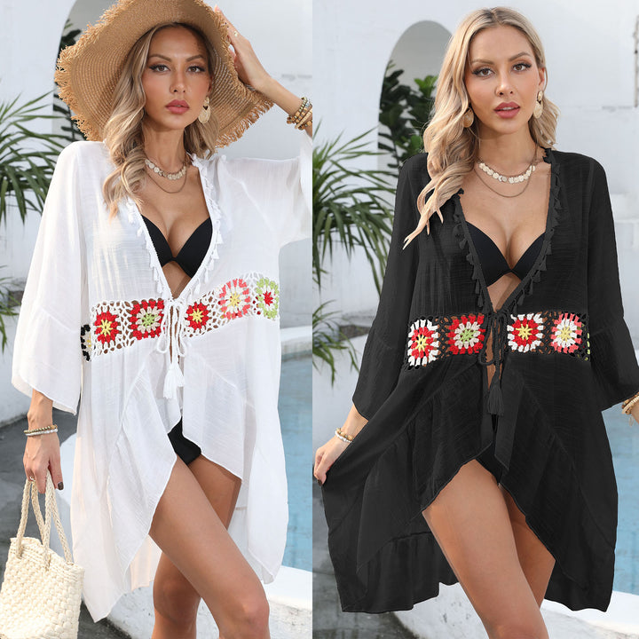 Damen eleganter Strandüberwurf mit floralem Häkelmuster Drune
