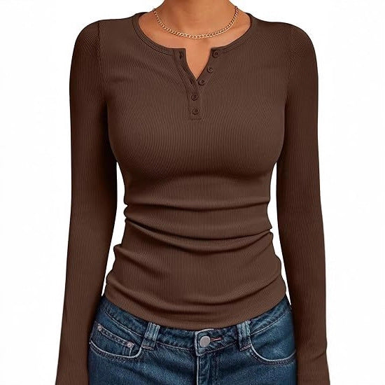 Damen Figurbetontes Langarmshirt mit Knopfleiste und Rippstruktur Drune