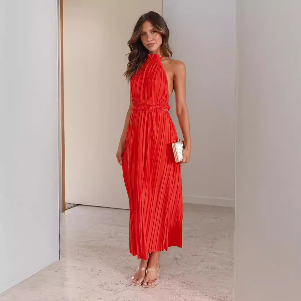 Damen Maxikleid mit ausdrucksvollem Faltenrock und modischem Halterneck Drune