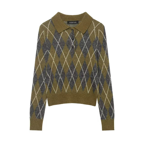 Damen nan Argyle-Polo-Strickpullover mit Cropped-Schnitt, Rippbündchen und Knopfleiste Drune