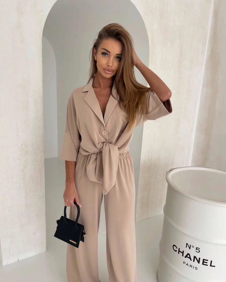 Damen lässiger Jumpsuit mit Bindegürtel und weit geschnittenen Beinen Drune