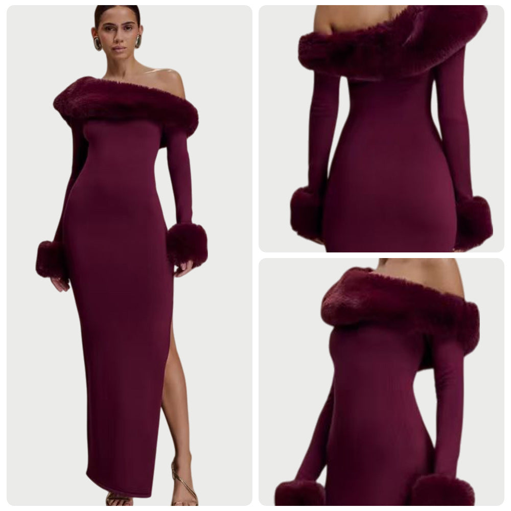 Damen Langarm-Maxikleid mit schulterfreier Optik und eleganten Fellakzenten Drune