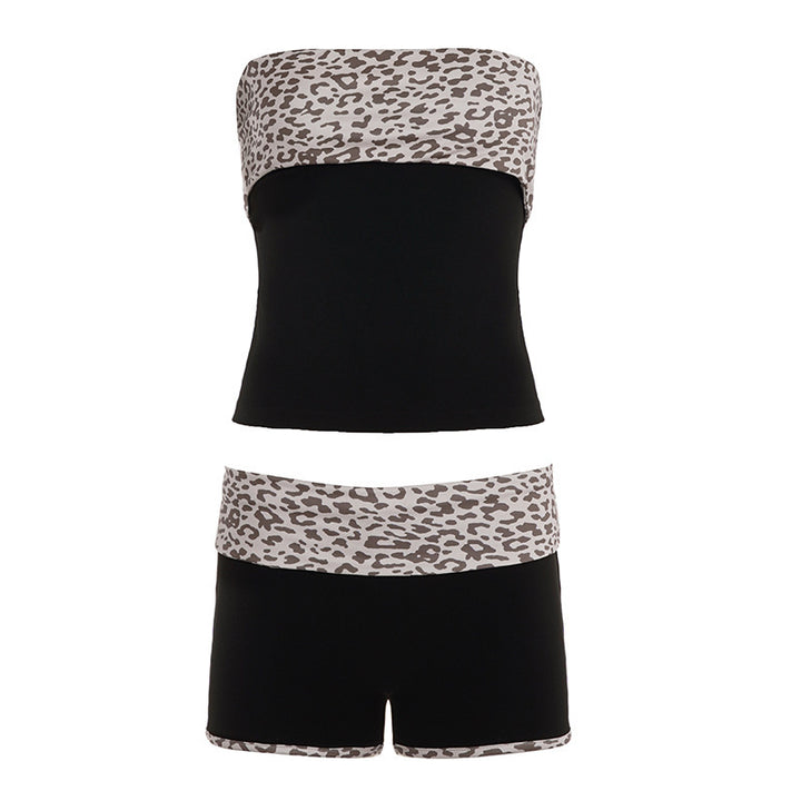 Damen Bandeau-Bikini-Set mit modischem Leopardenmuster und bequemen Shorts Drune