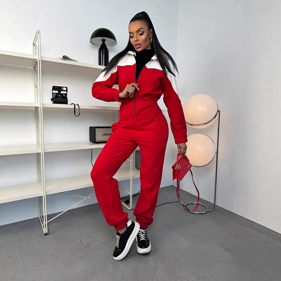 Damen lässiger Fleece-Overall mit elegantem Reißverschluss und Kapuze Drune