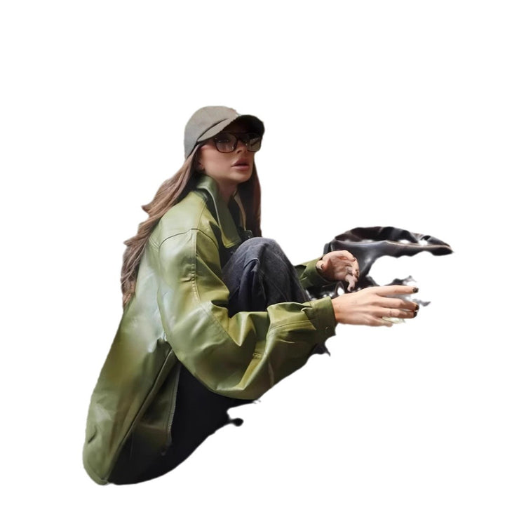 Damen lässige Kunstlederjacke mit voluminösen Ärmeln Drune