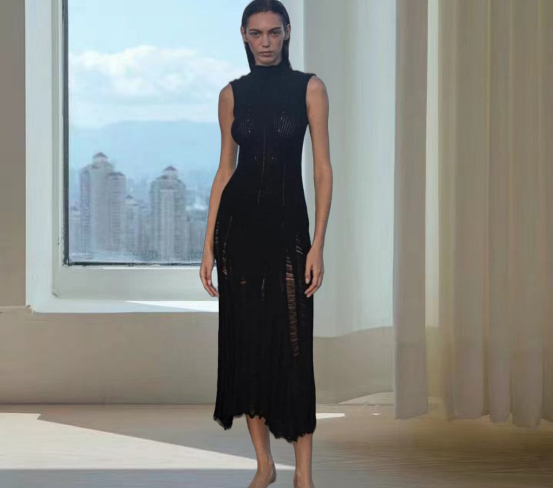 Damen Elegantes Maxikleid mit hochgeschlossenem Hals und raffiniertem Rippdesign Drune