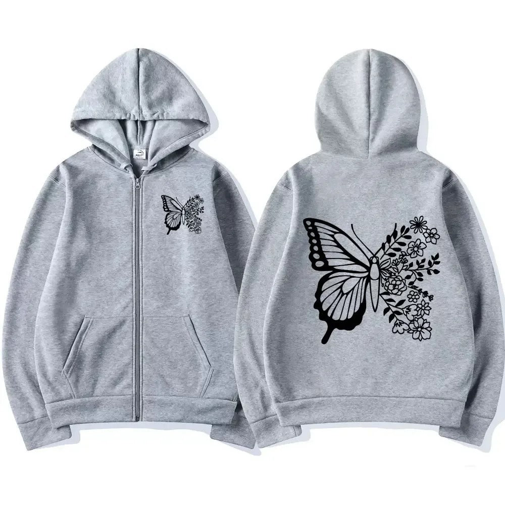 Damen Kapuzenpullover mit floralem Schmetterlingsmotiv und praktischer Kängurutasche Drune