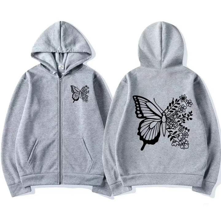 Damen Kapuzenpullover mit floralem Schmetterlingsmotiv und praktischer Kängurutasche Drune