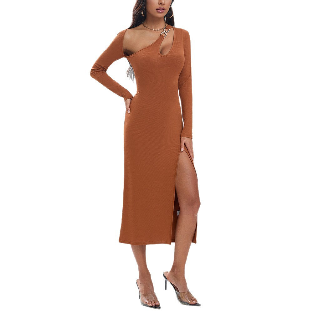 Damen figurbetontes Langarmkleid mit seitlichem Schlitz und asymmetrischem Ausschnitt Drune