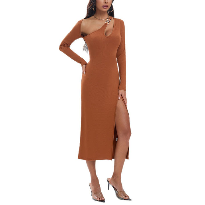 Damen figurbetontes Langarmkleid mit seitlichem Schlitz und asymmetrischem Ausschnitt Drune