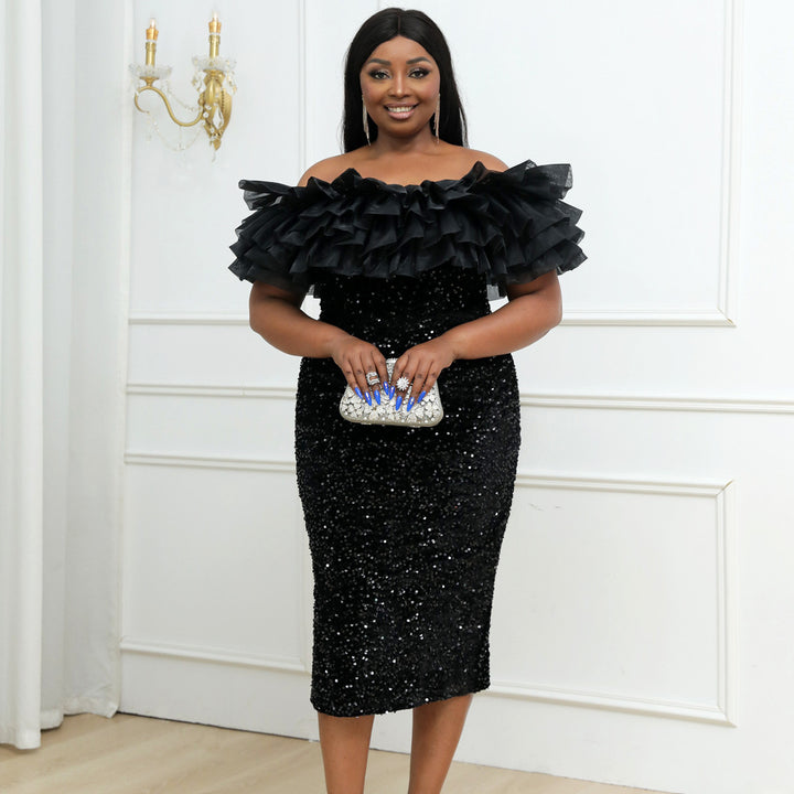 Damen glamouröses Abendkleid mit voluminösen Rüschen und Pailletten Drune