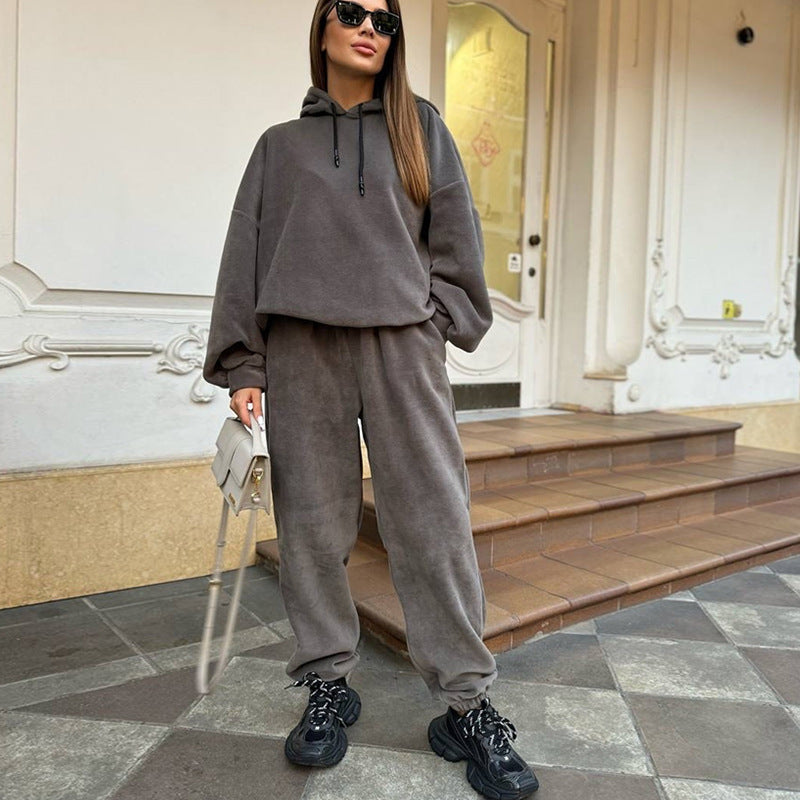 Damen Kuscheliges Fleece-Loungewear-Set mit Kapuze und weitem Schnitt Drune