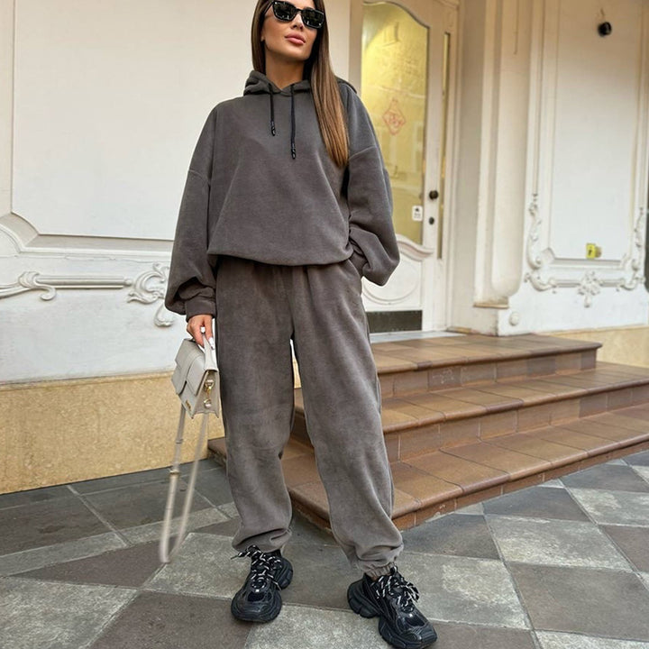 Damen Kuscheliges Fleece-Loungewear-Set mit Kapuze und weitem Schnitt Drune