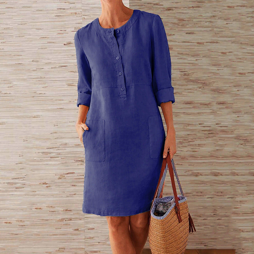 Damen Leichtes Leinenkleid mit praktischen Taschen und angesagtem Knopfdesign Drune