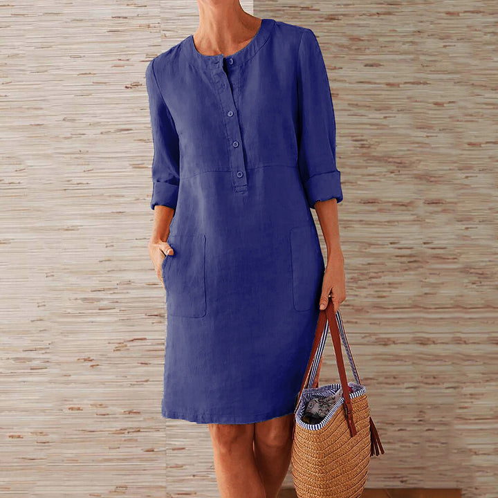 Damen Leichtes Leinenkleid mit praktischen Taschen und angesagtem Knopfdesign Drune