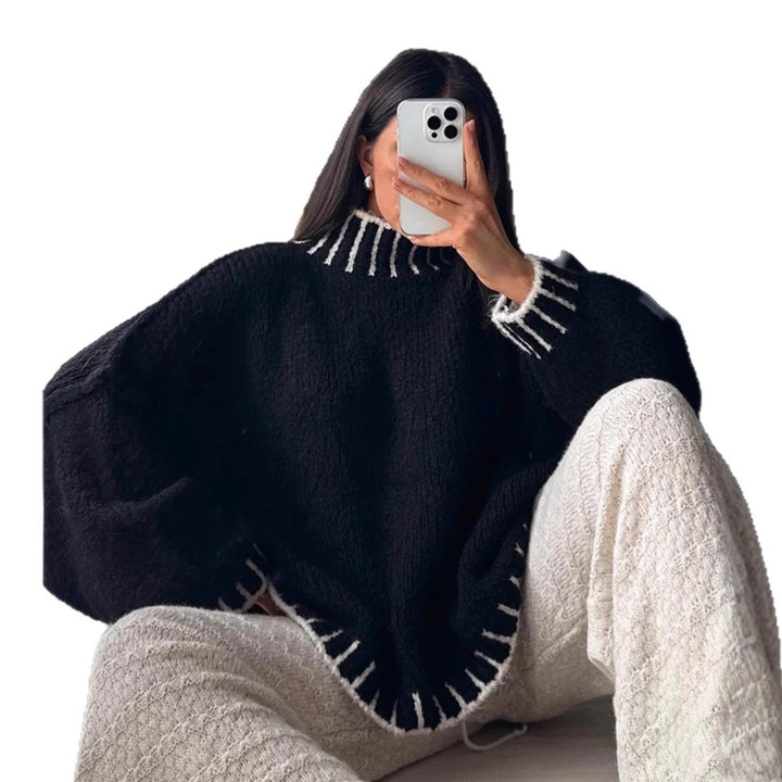 Damen lässiger Grobstrickpullover mit voluminösen Ärmeln und hohem Kragen Drune