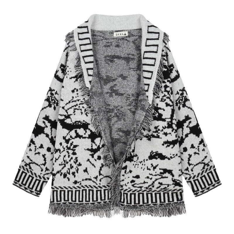 Damen Fransen-Strickjacke mit grafischem Muster und offenen Vorderteilen Drune