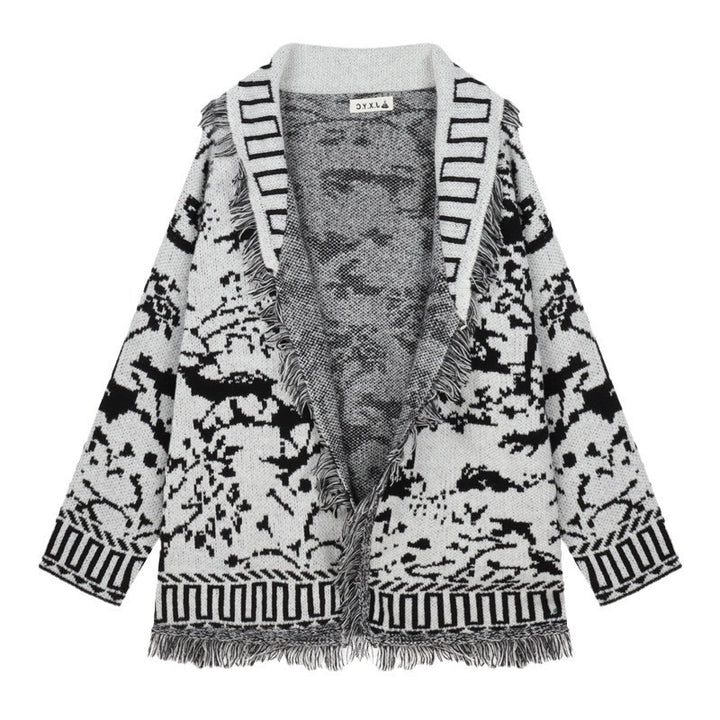 Damen Fransen-Strickjacke mit grafischem Muster und offenen Vorderteilen Drune