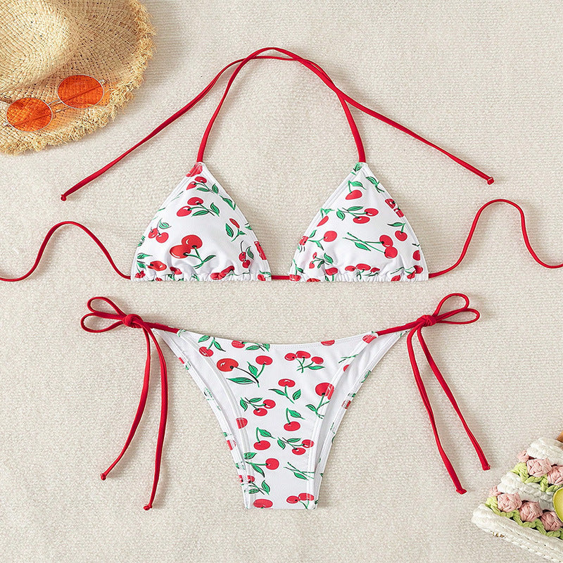 Damen Triangel-Bikini mit frischem Kirschmotiv und verstellbaren Bindebändern Drune