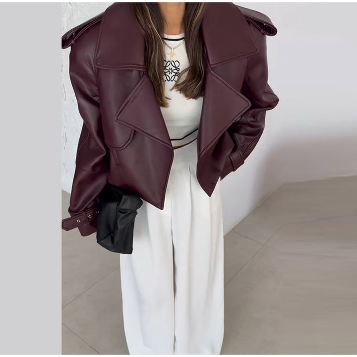 Damen modische Bikerjacke im Oversized-Stil mit Volumenärmeln Drune