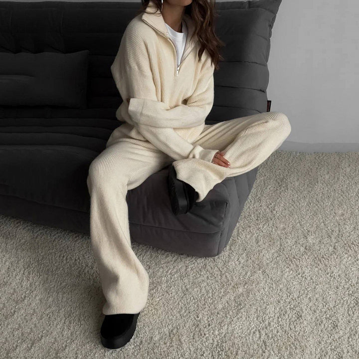 Damen nan geripptes Strick-Lounge-Set mit Halbzip-Pullover und hochgeschnittener Leggings Drune