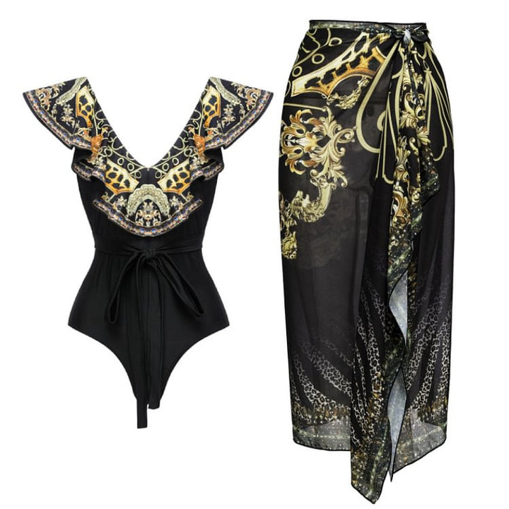 Damen Einteiler Badeanzug mit elegantem Design und passendem Wickeltuch Drune