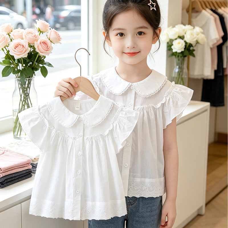 Mädchen elegante Bluse mit Spitzenkragen und Rüschendetails Drune