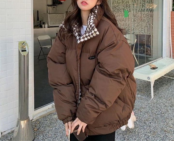 Damen Modische Oversized-Winterjacke mit kariertem Kragen Drune