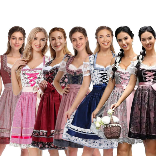 Damen nan traditionelles Dirndlkleid mit Schnürung, floraler Baumwollqualität und Schleifen-Schürze Drune