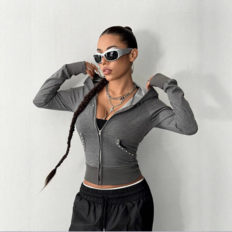 Damen sportliche Kapuzenjacke mit dekorativen Strassdetails Drune