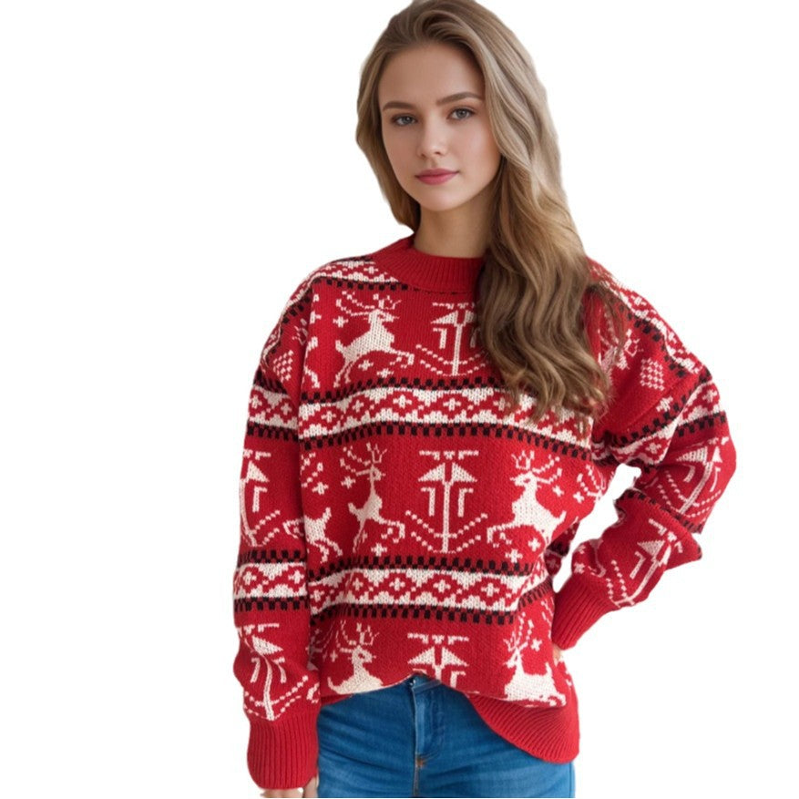 Damen weihnachtlicher Strickpullover mit festlichem Rentierdesign und hohem Kragen Drune