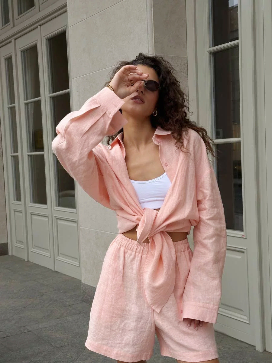 Damen lässige Leinenbluse und Shorts Set Drune