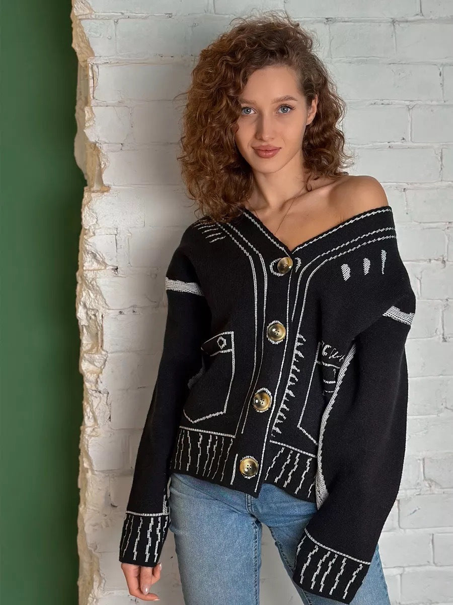 Damen modische Strickjacke mit asymmetrischem Design und dekorativen Knöpfen Drune