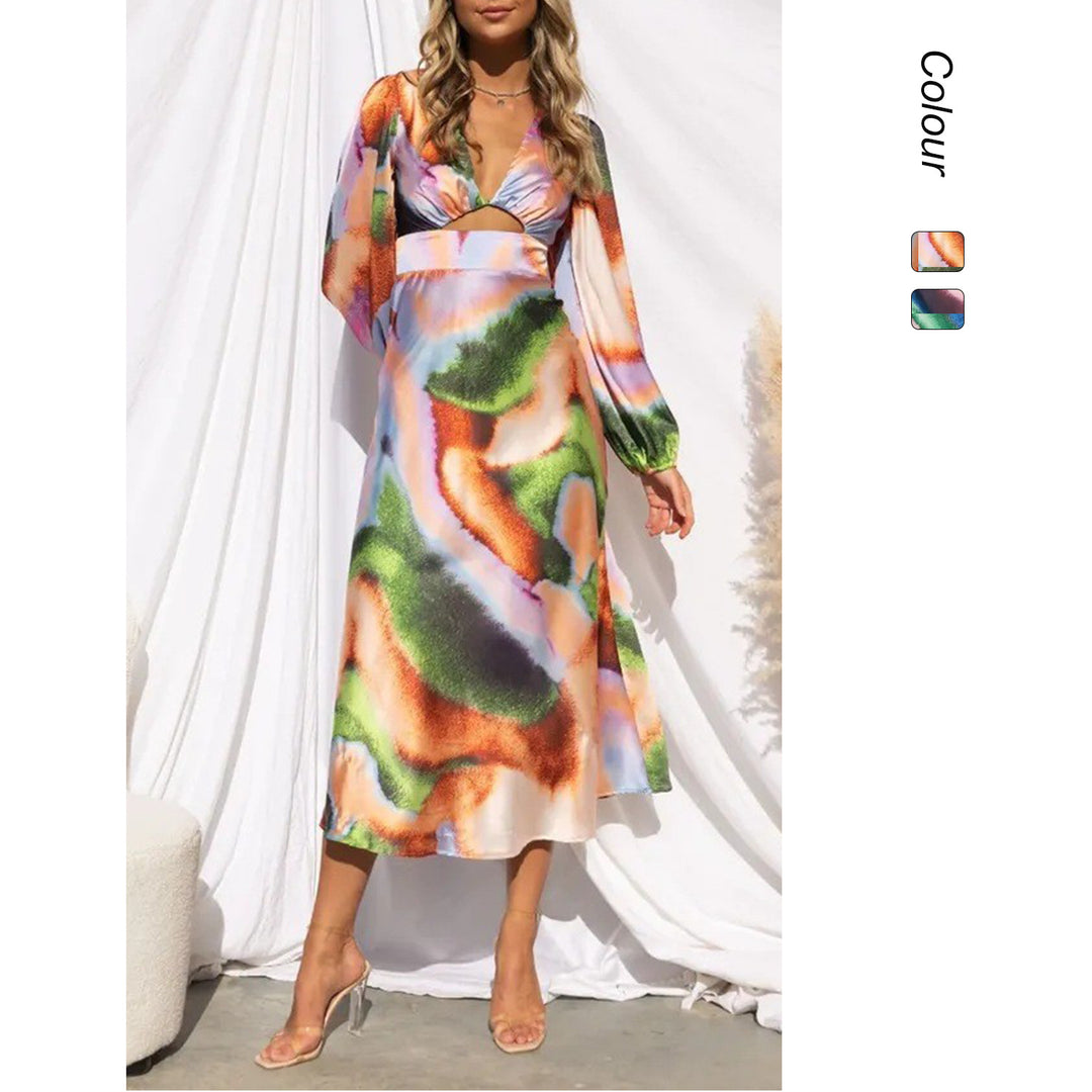 Damen Midi-Kleid mit innovativem Schnitt und farbenfrohem Muster Drune