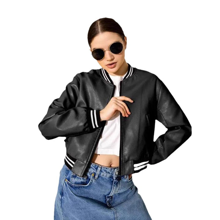 Damen modische Kunstleder-Bomberjacke mit elastischen Bündchen und Taschen Drune