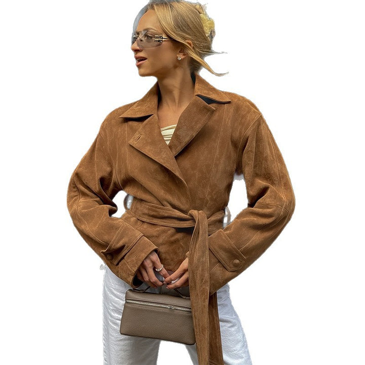 Damen Luxus Wildlederjacke mit taillierbarem Gürtel und elegantem Revers Drune