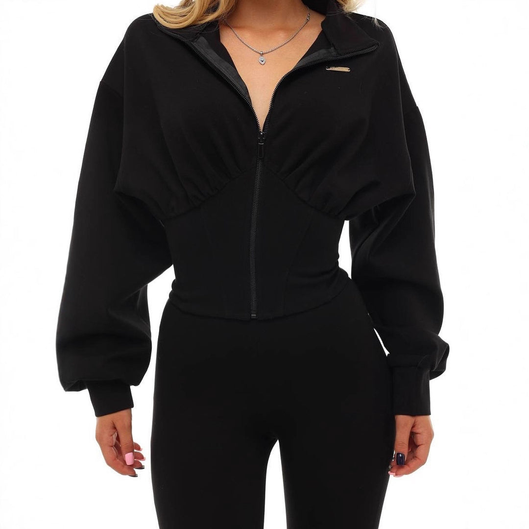 Damen cropped Sweatjacke mit hohem Kragen und weiten Ärmeln Drune