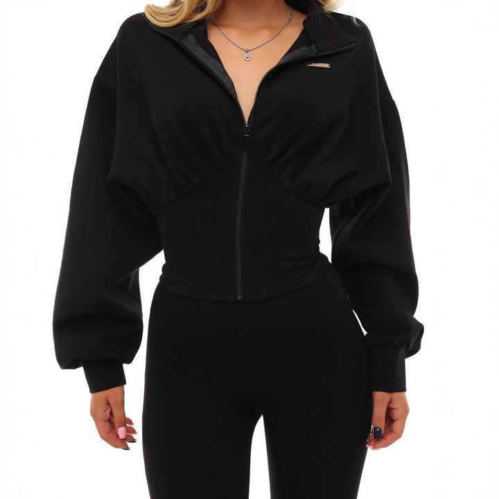 Damen cropped Sweatjacke mit hohem Kragen und weiten Ärmeln Drune