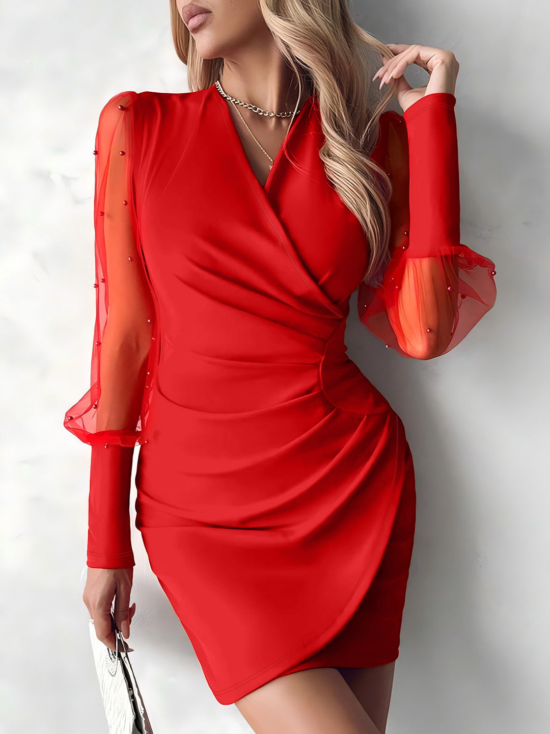 Damen Wickelkleid mit transparenten Puffärmeln und glitzernden Detals Drune